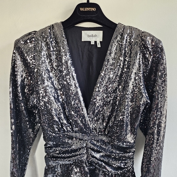New BA&SH Mae Sequin Top Long Sleeve V Neck Peplum Party Sparkle Noir Black XS - Picture 12 of 17